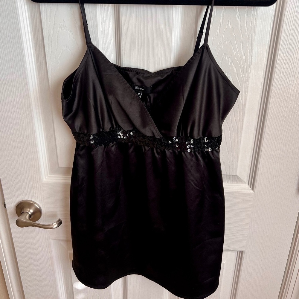 Express Cami Top Sequin Trim Sleeveless Blouse Party Tank Top Black M